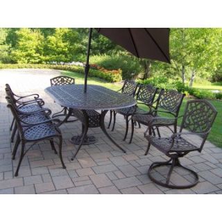 Oakland Living Mississippi Cast Aluminum 82 x 42 in. Oval Patio Dining Set with Swivel Chairs & Tilting Umbrella with Stand   Seats 8   Patio Dining Sets