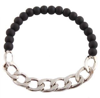 2 Pieces of Silver Link Chain with Matte Black Beaded Stretch Bracelet Jewelry