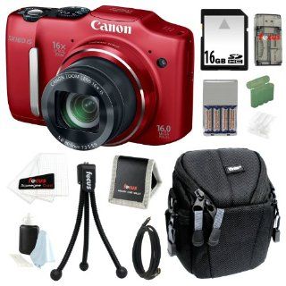 Canon PowerShot SX160 IS 16.0 MP Digital Camera with 16x Optical Zoom with 3.0 Inch LCD (Red) + 16GB SDHC Memory Card + 4 AA Batteries with Charger + Focus Multi Card Reader + Mini HDMI Cable + Compact Camera Case + Accessory Kit  Point And Shoot Digital 