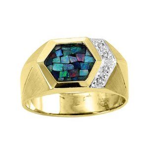 Mens Mosaic Opal & Diamond Ring 14K Yellow Gold Jewelry