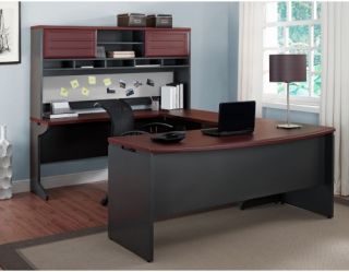 Altra Benjamin U Shaped Desk with Hutch   Cherry and Gray   Desks