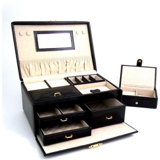 Black Leather Multi level Travel Jewelry Box   11W x 5.25H in.   Womens Jewelry Boxes