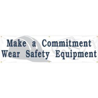 Accuform Signs MBR814 Reinforced Vinyl Motivational Safety Banner "Make A Commitment Wear Safety Equipment" with Metal Grommets and PPE graphic, 28" Width x 8' Length, Blue/Gray on White Industrial Warning Signs Industrial & Scient