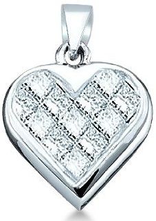 14k White Gold Invisible Channel Set Princess Cut Diamond Love Heart Shape Pendant (1/4 cttw) Jewelry