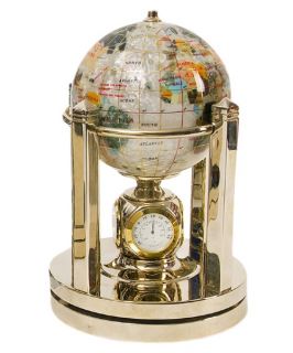 Mother of Pearl 4 in. Gemstone Globe with Clock on Rotating Gold Base   Desktop Clocks