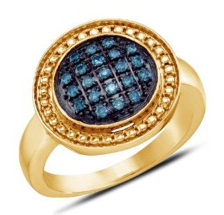 Yellow Gold Plated 925 Sterling Silver Halo Micro Pave Set Round Brilliant Cut Blue Diamond Engagement Ring OR Fashion Band   Round Shape Center Setting   (1/5 cttw.) Jewelry