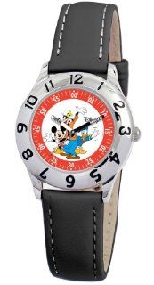 Disney Kids' D799S006 Mickey Goofy and Donald Time Teacher Black Leather Strap Watch Watches