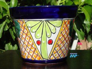 TALAVERA Ceramic Flower Planter Pot Mexican Fine Pottery 8" Wide Hand Painted Original Design(Lime Green Desighn with Yellow)  Other Products  