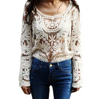 DAYISS Sexy Semi Sheer Sleeve Embroidery Floral Lace Crochet Tee T Shirt Top T shirt (Beige)   Long T Shirts Womans