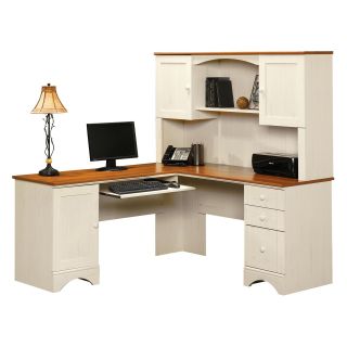 Sauder Harbor View Corner Computer Desk with Hutch   Antiqued White   Desks