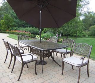 Oakland Living Oxford Mississippi Cast Aluminum Patio Dining Set with Tilting Umbrella and Stand   Patio Dining Sets