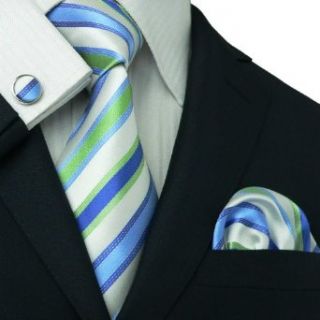 Landisun 99A Blue White Stripes Mens Silk Tie Set Tie+Hanky+Cufflinks Exclusive at  Men�s Clothing store Neckties