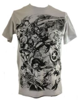 Marvel Comics Mens T Shirt   Giant Battle Sketch Image Featuring Spider Man, Captain America, Fantastic Four and MoreImage on Gray (Extra Large) Clothing
