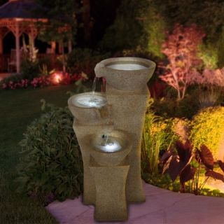 Pure Garden Cascade Bowls Outdoor Fountain with LED Lights   Fountains