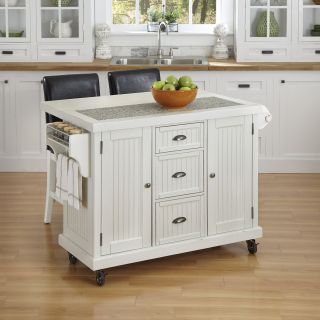 Home Styles Nantucket Distressed White 3 Piece Kitchen Cart and Two Stools Set   Kitchen Islands and Carts