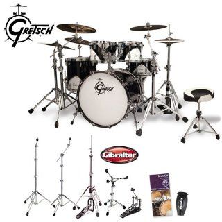Gretsch JF RN57 E825 MCO Kit Q1 Renown 57 Motor City Black 5 Piece Shell Pack (RN57 E825 MCO) with Gibraltar Hardware, Matching Gibraltar Drum Throne, Evans Drumset Survival Guide and LP Rumba Shaker Musical Instruments