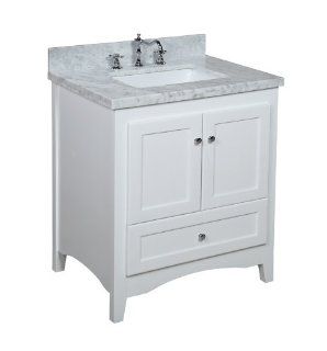 Abbey 30 inch White Bathroom Vanity (Carrera/White) Includes a Soft Close Drawer, Self Closing Door Hinges and Rectangular Ceramic Sink    