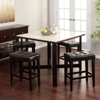 Avorio Square 5 Piece Gathering Table Set with Brown Saddle Stools   Dining Table Sets