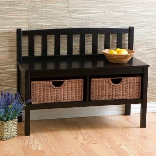Black Bench with Brown Rattan Baskets   Indoor Benches