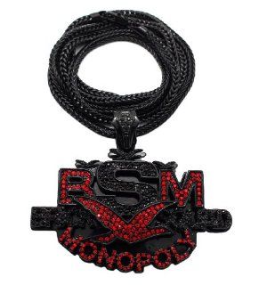 New Iced Out Black/Red BSM Brick squad Monopoly Pendant w/4mm 36" Franco Chain Necklace MP830BKRD Jewelry