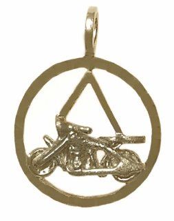 Alcoholics Anonymous AA Symbol Pendant, #832 3, Antiqued Brass, AA Symbol with a Harley Motorcycle Jewelry