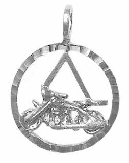 Alcoholics Anonymous Symbol Pendant #832 3, Ster., AA Symbol in Diamond Cut Circle w/ Harley Motorcycle Jewelry