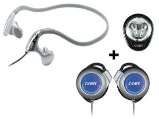 Coby CV123 Combo 3 in 1 Neckband Earphones, Ear Clip Headphones & Stereo Earphones, Silver Electronics