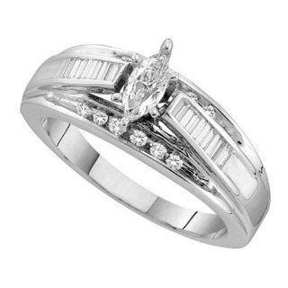 14K White Gold Marquise Diamond Center with Side Stones Channel Set Baguette and Round White Diamonds Wedding Engagement Solitaire Ring ( 0.20 ct Center   Total 0.60 cttw H   I Color SI3   I1 Clarity ) (Size 4 ~ 9) IceNGold Jewelry
