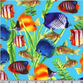 45'' Wide Tropical Fish Aqua Fabric By The Yard