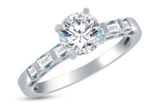 Solid 14k White Gold Highest Quality CZ Cubic Zirconia Bridal Engagement Ring w/Matching Wedding Band Two Ring Set   Round Brilliant Cut Solitaire with Princess & Baguette Side Stones (1.75cttw., 1.0ct. Center)   Available in all ring sizes 4   13 Son