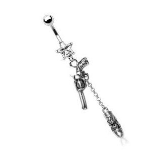 Body Accentz™ Belly Button Ring 316L Surgical Steel Prong Set Star Navel with Revolver Gun Pistol and a Skull Carved Bullet Dangle Jewelry