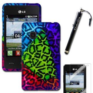 MINITURTLE(TM) LG 840G Tracfone   Sensational Leopard Blue Green Purple Pink and Red Design Protective Case Cover with Bonus Screen Protector Film and Large Stylus Capacitive Pen Cell Phones & Accessories