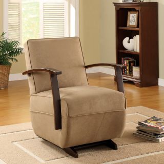 Powell Glider Rocker with Tan Microfiber Fabric & Dark Cherry Bentwood Arm 19 1/2 Seat Height   Upholstered Club Chairs