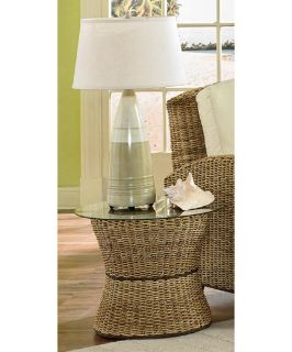 Home Styles Cabana Banana Round Drum Accent Table with Glass Top   Wicker Furniture