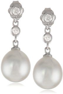 14k White Gold, South Sea Cultured Pearl (9 9.5 mm), and Diamond Drop Earrings (0.2 Cttw, G H Color, I1 I2 Clarity) Jewelry