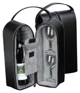 Bey Berk Wine Caddy with Two Glasses, Stopper/Opener, Black Leather Case   Wine Accessories