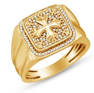 Yellow Gold Plated 925 Sterling Silver Prong Set Cross Round Brilliant Cut Diamond Mens Wedding Band OR Fashion Ring (1/5 cttw.) Jewelry