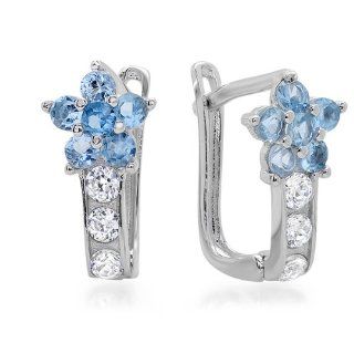 14K White Gold Blue Topaz CZ & White Round CZ Cubic Zirconia Ladies Huggie Hoop Earrings Jewelry