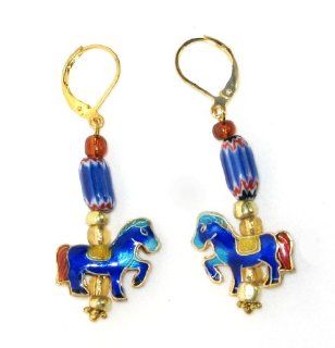 Carousel Royal Blue Cloisonne Horse w/ Venetian Melon Trade Bead Earrings on Gold Plated Leverbacks Donna Bedrick Jewelry