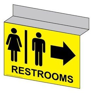 Restrooms With Symbol Right Sign RRE 6982Ceiling BLKonYLW Restrooms  Business And Store Signs 