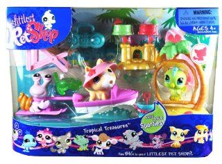 Littlest Pet Shop Sportiest Series 3 Pack Bobble Head Pet Figure Box Set   Tropical Treasures with Green Cockatoo (#858), Hermit Crab (#859), Bull Terrier (#860), Coconut Tree with Perch, Boat with Jet Ski, Sand Castle, Surfboard, Boombox, Snorkling Goggle