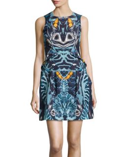 Sleeveless Abstract Print Pleated Knit Dress, Teal
