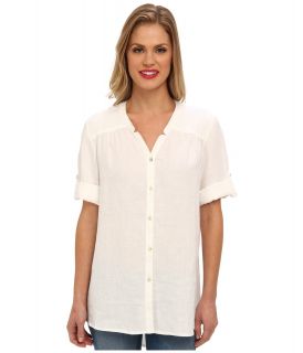 Jones New York Notched Collar Roll Sleeve Shirt Womens Long Sleeve Button Up (White)