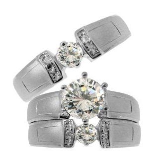 14k White Gold, Trio Three Piece Wedding Ring Set with Lab Created Gems Trio Ring Wedding White Gold Jewelry