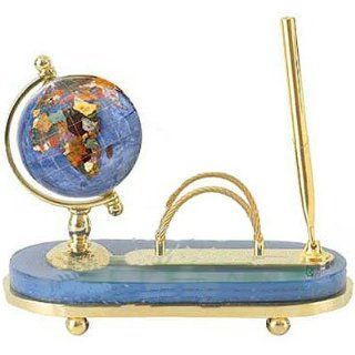 3" Marine Blue Gemstone Globe Pen Set with Letter Holder   Office Desk Trays