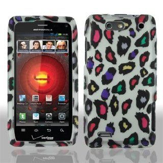 Motorola Droid 4 IV XT894 XT 894 Silver with Multicolor Leopard Animal Skin Design Rubber Feel Snap On Hard Protective Cover Case Cell Phone Cell Phones & Accessories