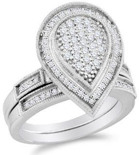 .925 Sterling Silver Plated in White Gold Rhodium Diamond Ladies Bridal Engagement Ring with Matching Wedding Band Two 2 Ring Set   Pear Shape Center Setting w/ Micro Pave Set Round Diamonds   (.53 cttw) Jewelry