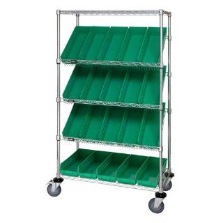 Quantum Storage Systems WRCSL5 63 2436 106GN 5 Tier Slanted Wire Shelving Suture Cart with 20 QSB106 Green Economy Shelf Bins, 2 Horizontal and 3 Slanted Shelves, Chrome Finish, 69" Height x 36" Width x 24" Depth