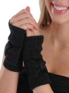 Knit Black Fingerless Gloves with Bow Detail Ribbed Trim Cold Weather Gloves