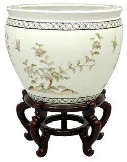 Oriental Furniture Japanese Chinese Asian Ceramics, 16 Inch Ming Lacquer Porcelain Fishbowl Planter Flower Pot, White with Birds and Flowers   Decorative Bowls